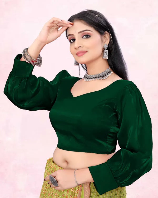 Green_Cotton_Silk::Pure_Silk_Back_Hook_Solid_Padded_Blouse_For_Women