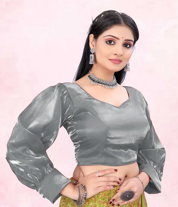 Grey_Cotton_Silk::Pure_Silk_Back_Hook_Solid_Padded_Blouse_For_Women