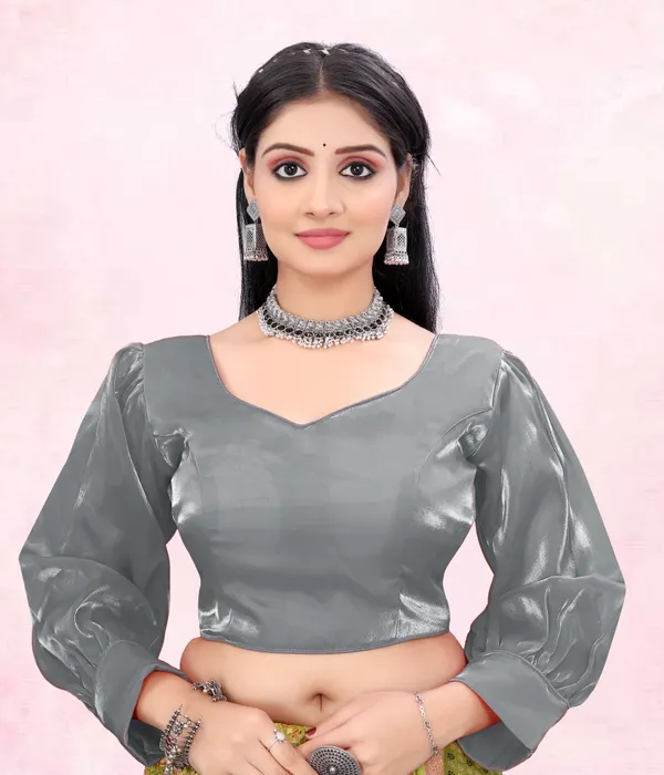 Grey_Cotton_Silk::Pure_Silk_Back_Hook_Solid_Padded_Blouse_For_Women
