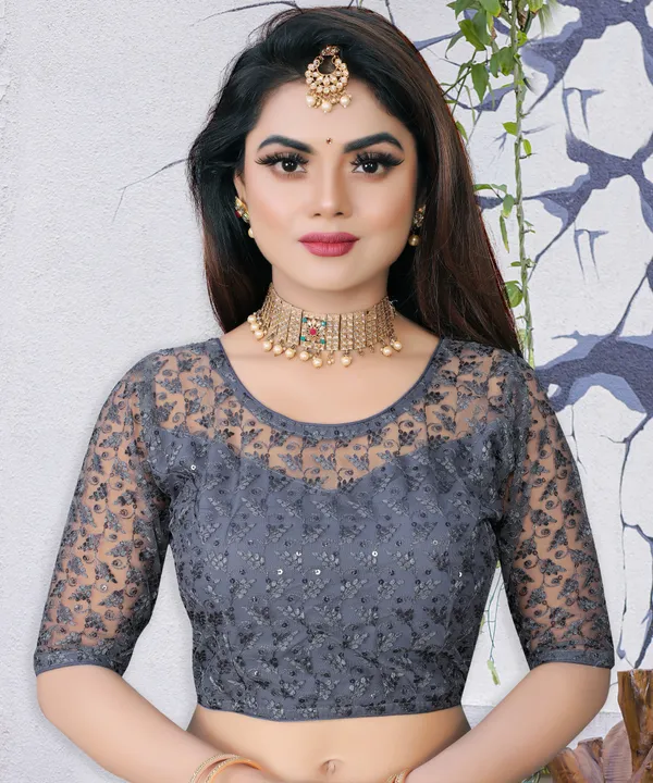 Green_And_Grey_Net_Self_Design_Round_Neck_Padded_Blouse_For_Women_(Pack_Of_2)