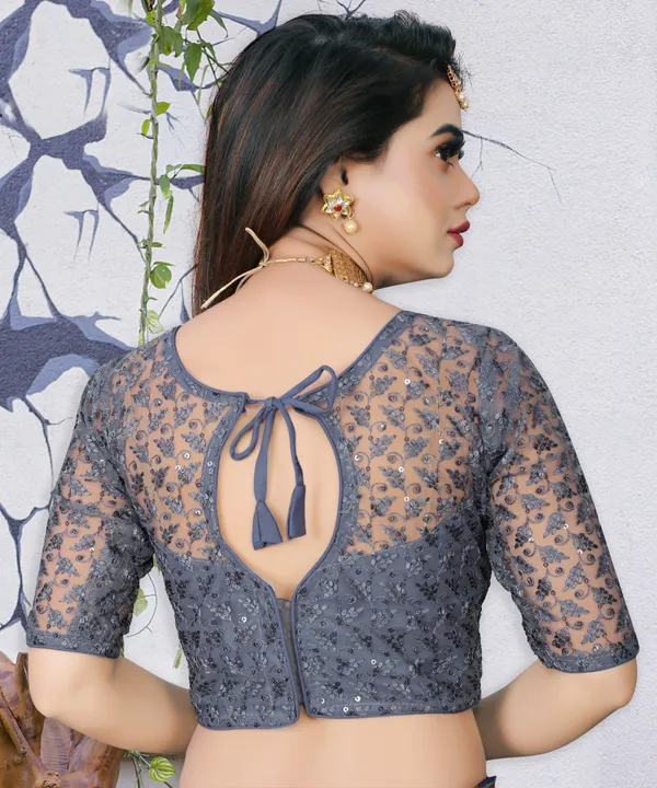 Green_And_Grey_Net_Self_Design_Round_Neck_Padded_Blouse_For_Women_(Pack_Of_2)