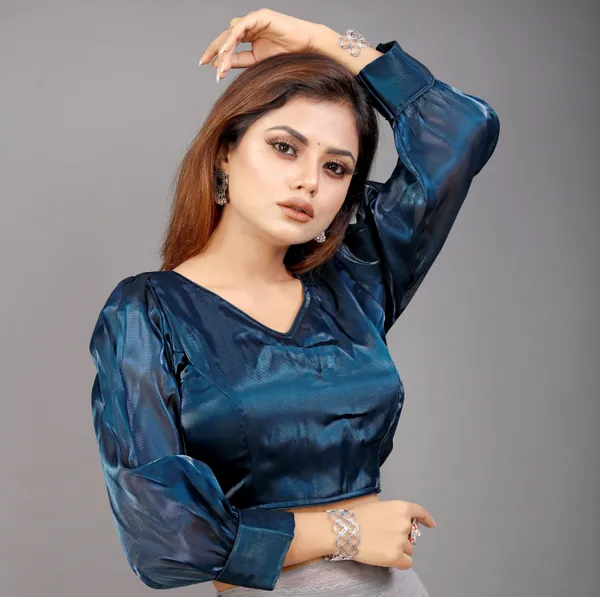 Teal_Blue_Cotton_Silk_Back_Hook_Self_Design_Blouse_For_Women