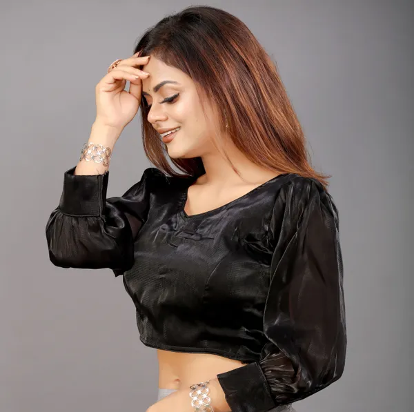 Black_Cotton_Silk_Back_Hook_Self_Design_Padded_Blouse_For_Women