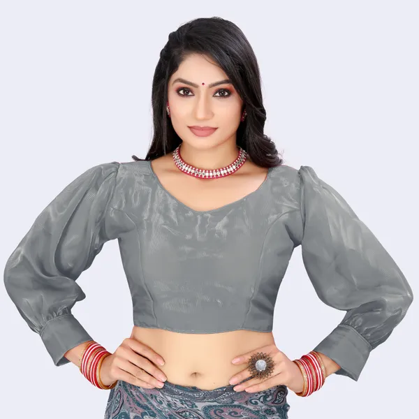 Grey_Poly_Silk_Back_Hook_Solid_Padded_Blouse_For_Women