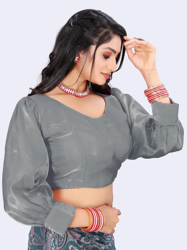 Grey_Poly_Silk_Back_Hook_Solid_Padded_Blouse_For_Women