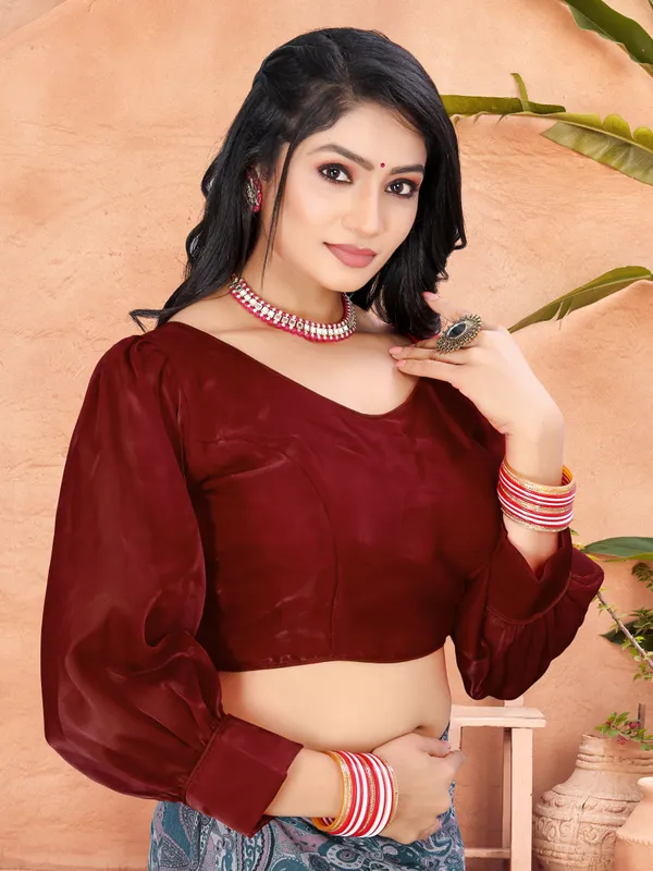 Maroon_Cotton_Silk_Back_Hook_Self_Design_Padded_Blouse_For_Women