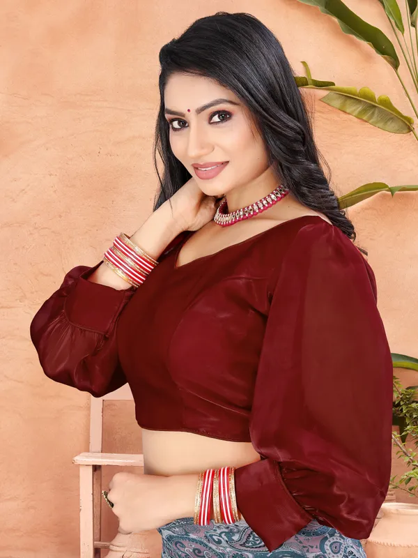 Maroon_Cotton_Silk_Back_Hook_Self_Design_Padded_Blouse_For_Women