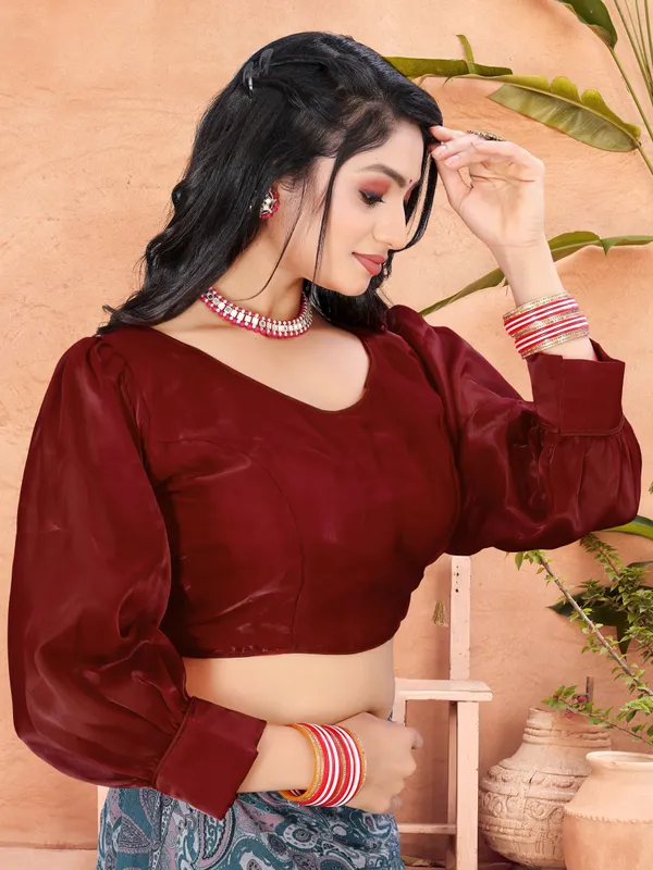 Maroon_Cotton_Silk_Back_Hook_Self_Design_Padded_Blouse_For_Women