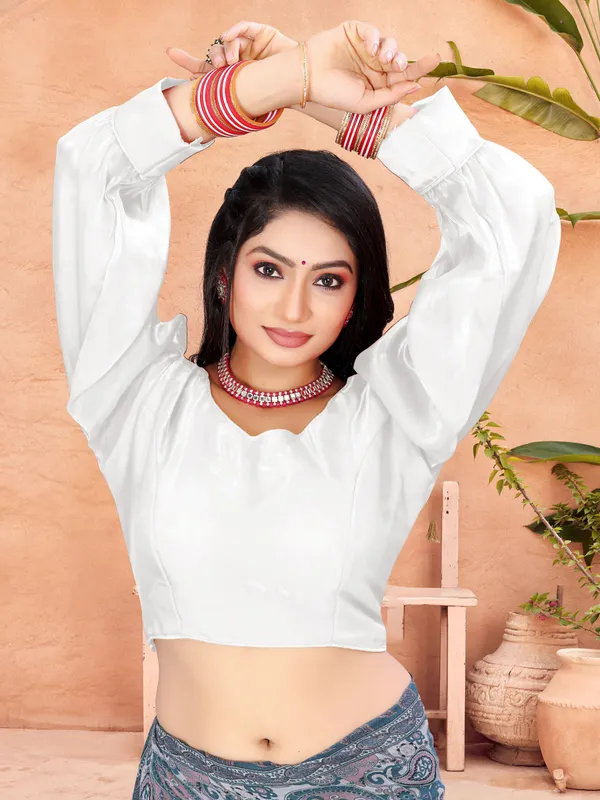 White_Cotton_Silk_Back_Hook_Self_Design_Padded_Blouse_For_Women