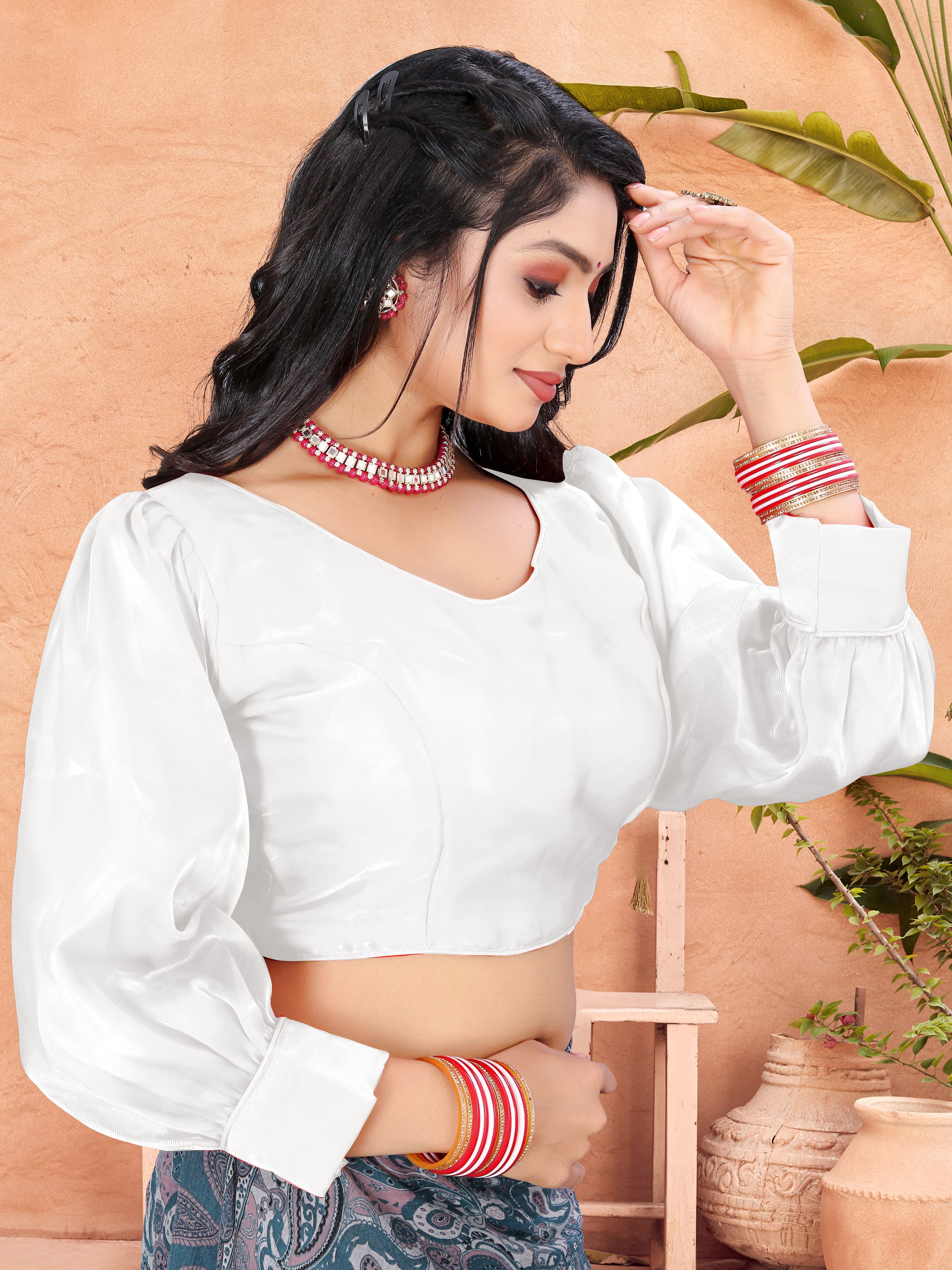 White_Cotton_Silk_Back_Hook_Solid_Padded_Blouse_For_Women