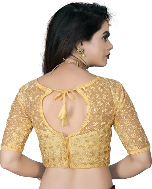 Pink_And_Beige_Net_Embroidered_Round_Neck_Padded_Blouse_For_Women(Pack_Of_2)