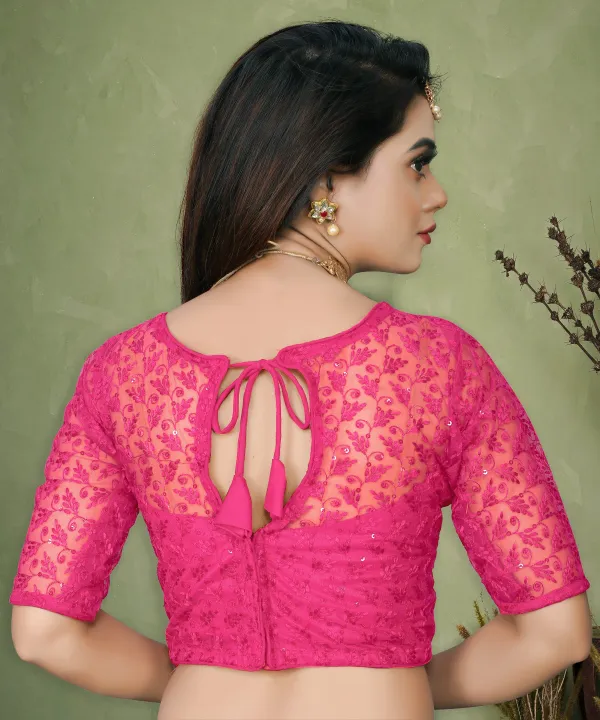 Pink_And_Beige_Net_Embroidered_Round_Neck_Padded_Blouse_For_Women(Pack_Of_2)