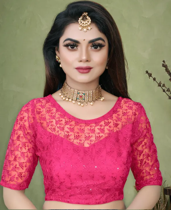Pink_And_Beige_Net_Embroidered_Round_Neck_Padded_Blouse_For_Women(Pack_Of_2)
