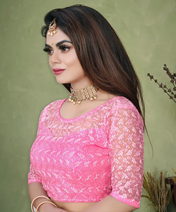 Pink_Net_Embellished_Round_Neck_Padded_Blouse_For_Women