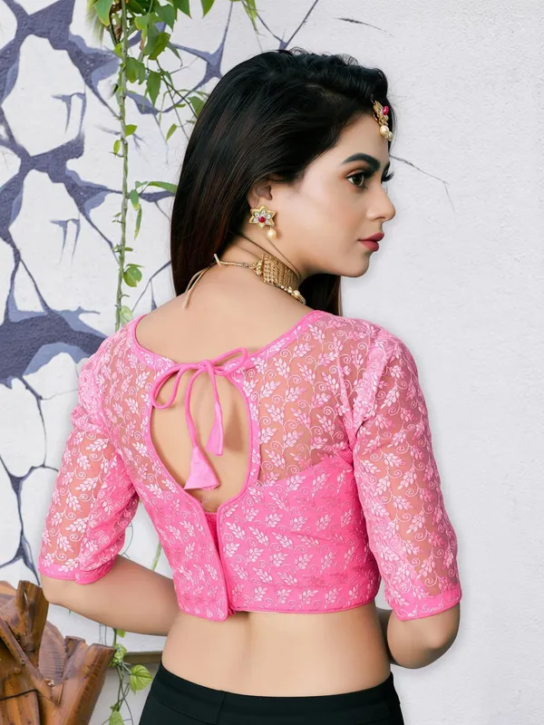 Pink_Net_Self_Design_Round_Neck_Padded_Blouse_For_Women