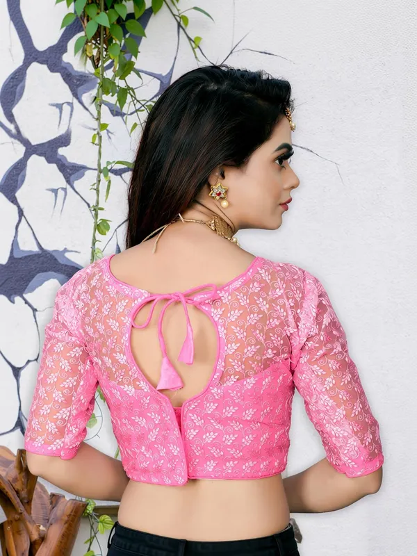 Pink_Net_Self_Design_Round_Neck_Padded_Blouse_For_Women
