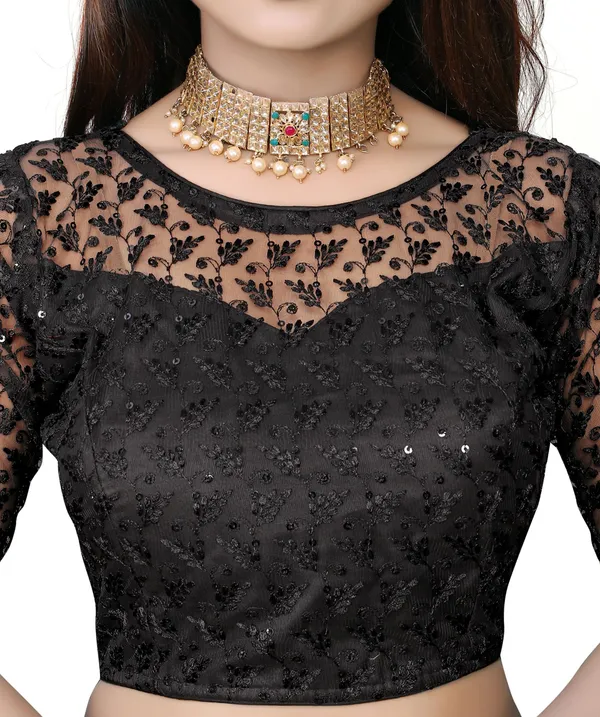 Black_Net_Embriodered_Round_Neck_Padded_Blouse_For_Women
