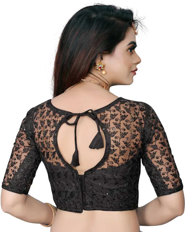 Black_Net_Embriodered_Round_Neck_Padded_Blouse_For_Women