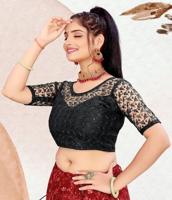 Black_Net_Embellished_Round_Neck_Padded_Blouse_For_Women