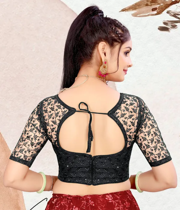 Black_Net_Embellished_Round_Neck_Padded_Blouse_For_Women