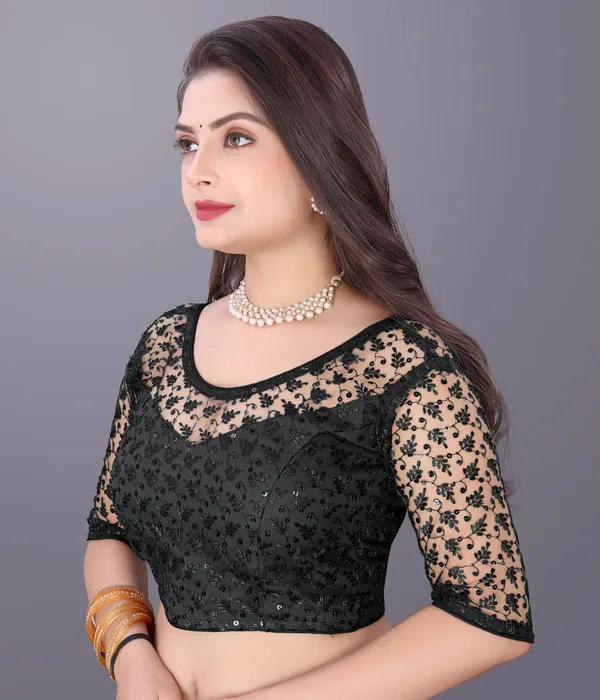 Black_Net_Embriodered_Round_Neck_Padded_Blouse_For_Women