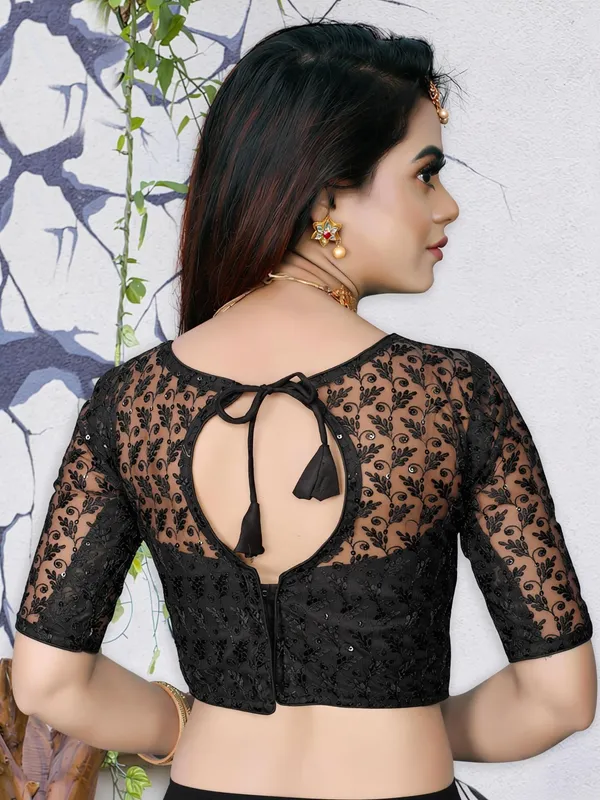 Black_Net_Self_Design_Round_Neck_Padded_Blouse_For_Women