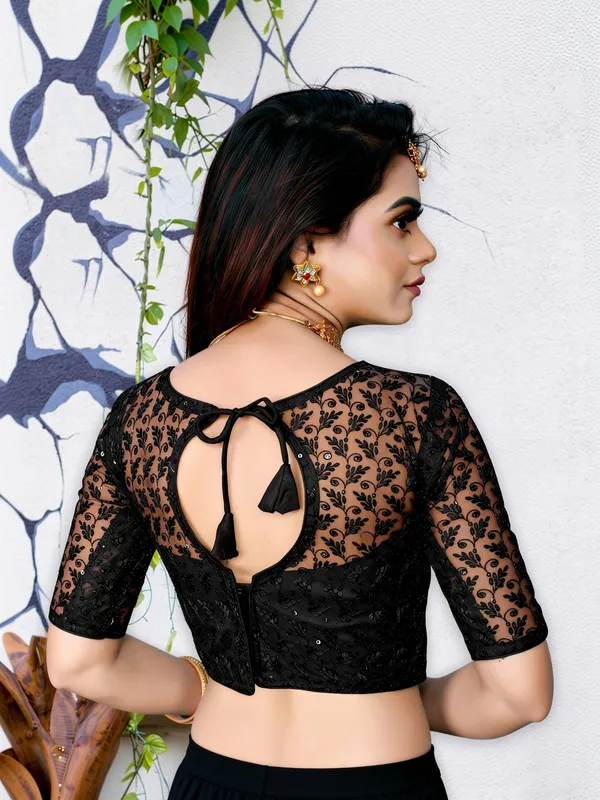 Black_Net_Self_Design_Round_Neck_Padded_Blouse_For_Women