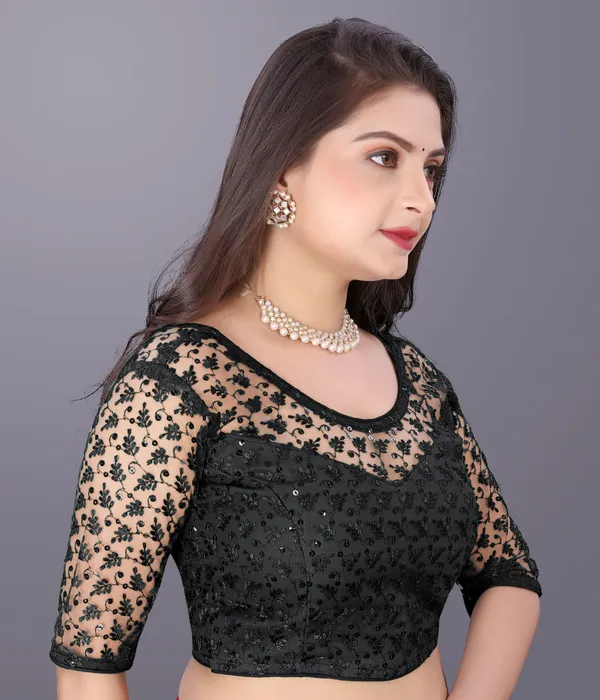 Black_Net_Embriodered_Round_Neck_Padded_Blouse_For_Women