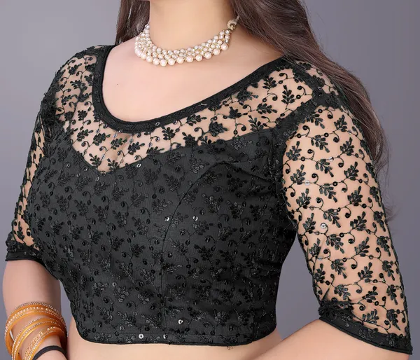 Black_Net_Embriodered_Round_Neck_Padded_Blouse_For_Women