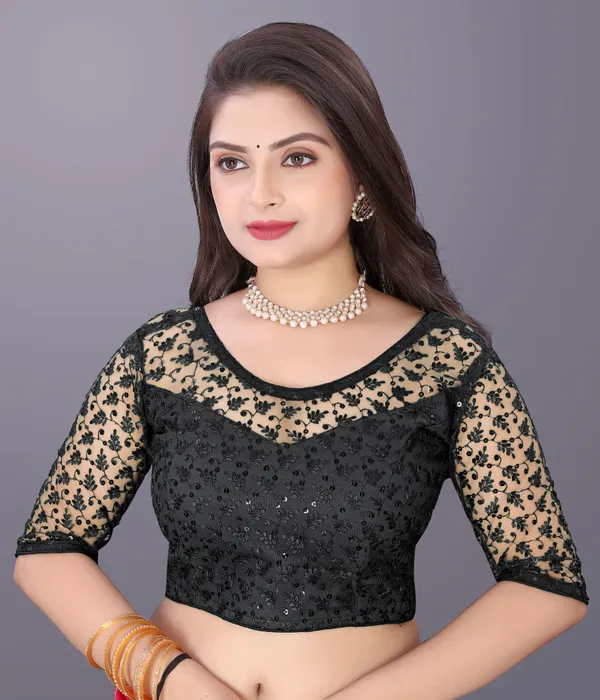 Black_Net_Embriodered_Round_Neck_Padded_Blouse_For_Women