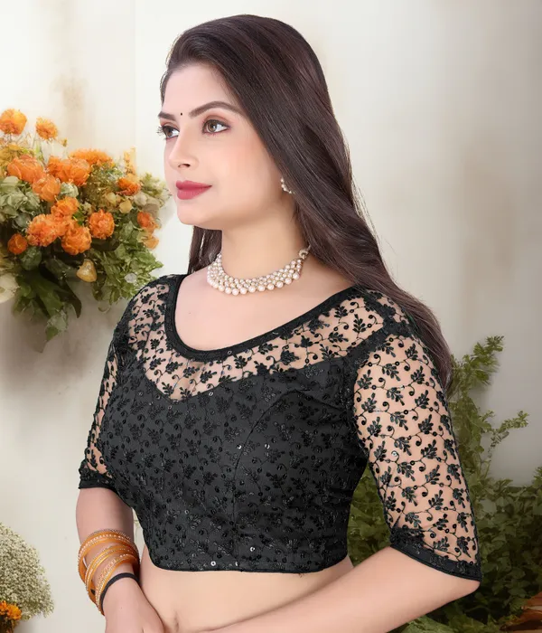 Black_Net_Embriodered_U-Neck_Padded_Blouse_For_Women