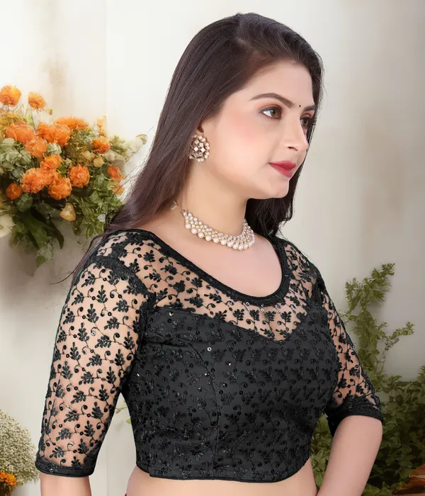 Black_Net_Embriodered_U-Neck_Padded_Blouse_For_Women