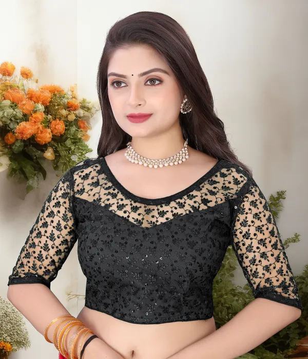 Black_Net_Embriodered_U-Neck_Padded_Blouse_For_Women