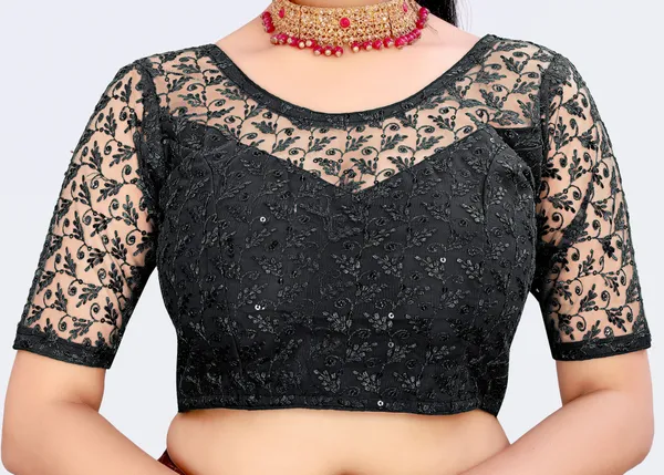 Black_Net_Embriodered_Round_Neck_Padded_Blouse_For_Women