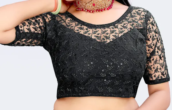 Black_Net_Embriodered_Round_Neck_Padded_Blouse_For_Women