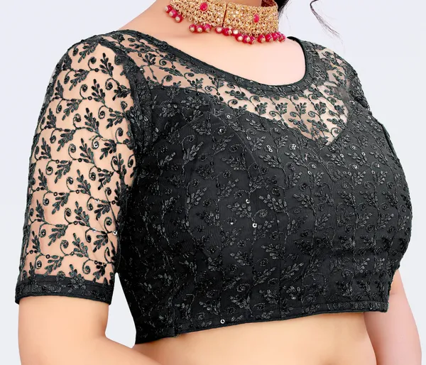 Black_Net_Embriodered_Round_Neck_Padded_Blouse_For_Women