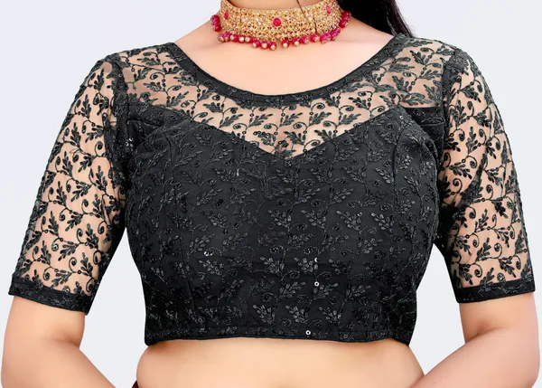 Black_Net_Embriodered_Round_Neck_Padded_Blouse_For_Women