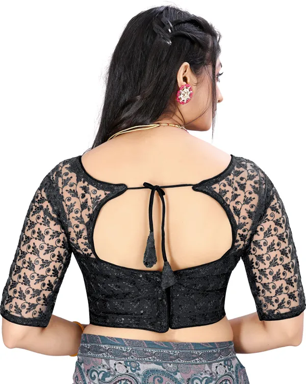 Black_Net_Embriodered_Round_Neck_Padded_Blouse_For_Women