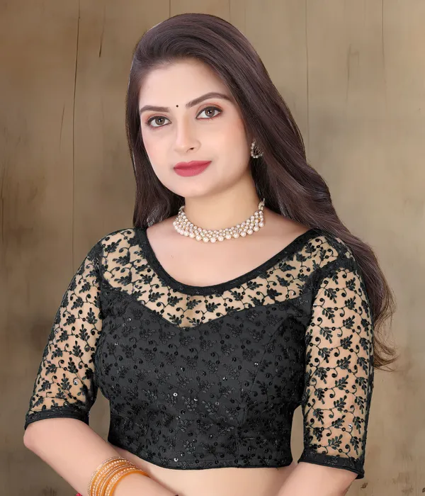 Black_Net_Self_Design_Round_Neck_Padded_Blouse_For_Women