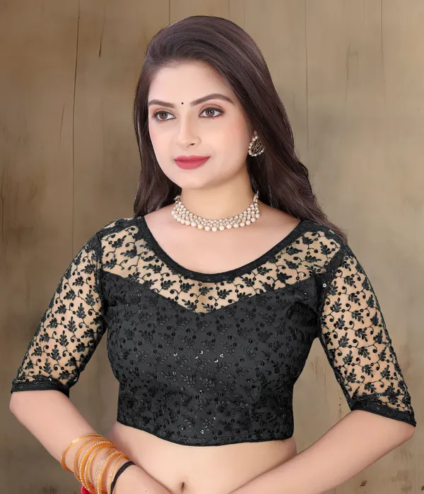 Black_Net_Self_Design_Round_Neck_Padded_Blouse_For_Women