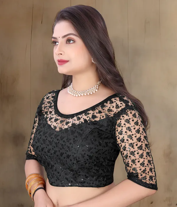 Black_Net_Self_Design_Round_Neck_Padded_Blouse_For_Women