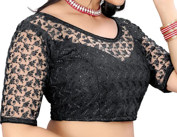 Black_Net_Embriodered_Round_Neck_Padded_Blouse_For_Women