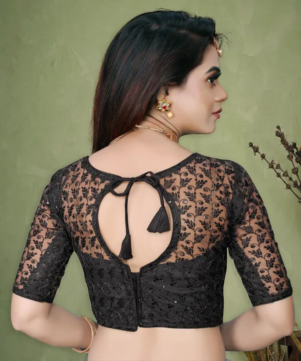Black_Net_Self_Design_Round_Neck_Padded_Blouse_For_Women