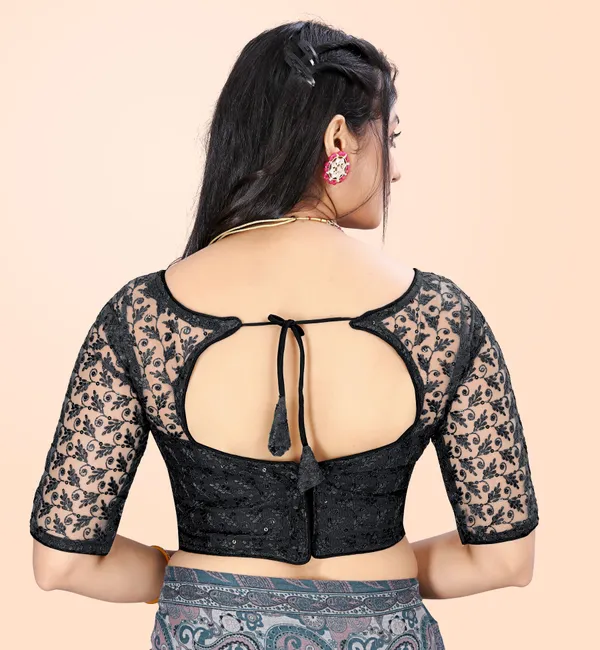 Black_Net_Embriodered_Round_Neck_Padded_Blouse_For_Women