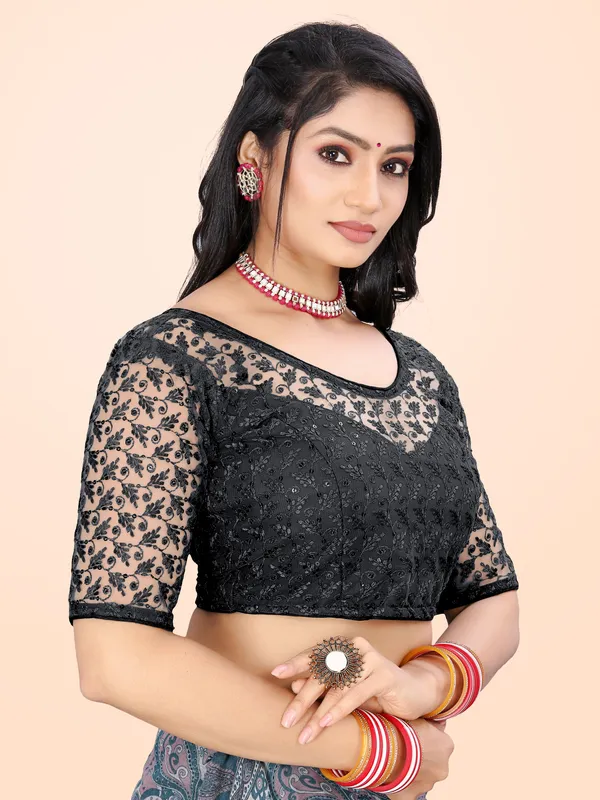 Black_Net_Embriodered_Round_Neck_Padded_Blouse_For_Women