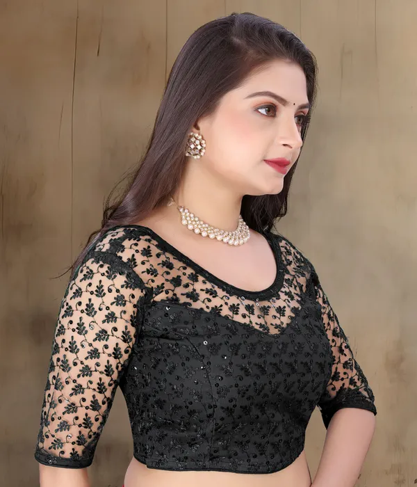 Black_Net_Embellished_Round_Neck_Padded_Blouse_For_Women