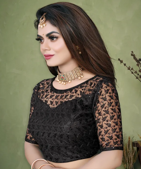 Black_Net_Embriodered_Round_Neck_Padded_Blouse_For_Women