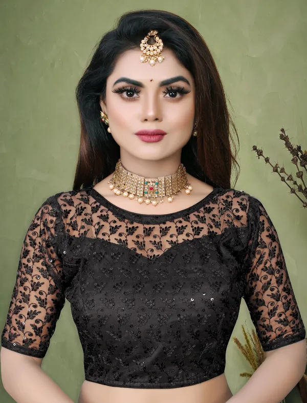 Black_Net_Embriodered_Round_Neck_Padded_Blouse_For_Women
