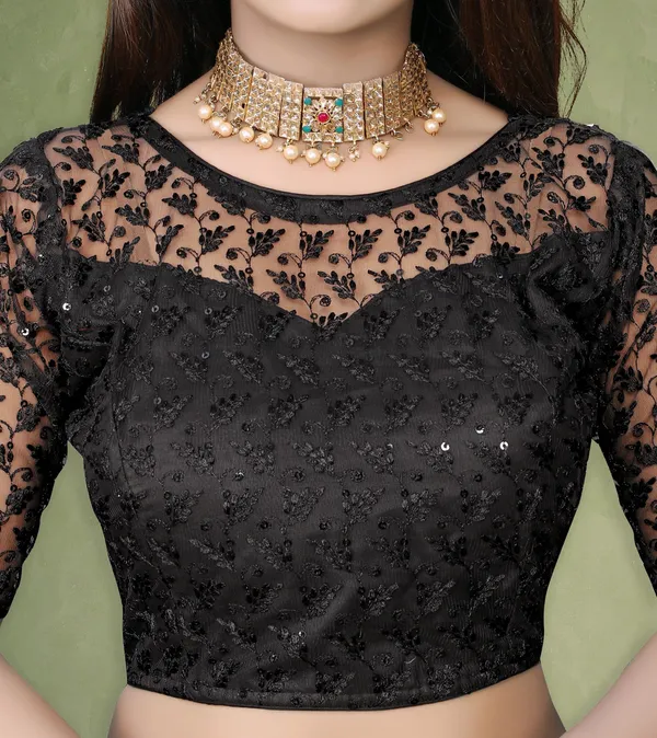 Black_Net_Embellished_Round_Neck_Padded_Blouse_For_Women