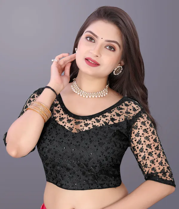 Black_Net_Embellished_Round_Neck_Padded_Blouse_For_Women